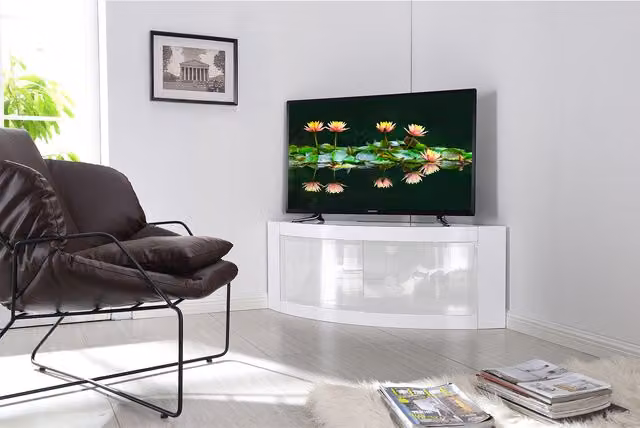 PANGEA Beam-Thru Curved Tru-Corner TV Stand in White with Glass Details