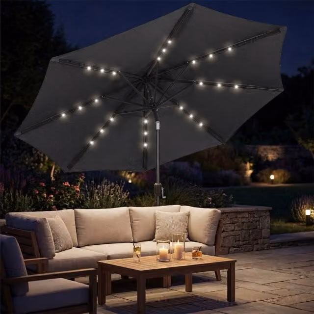 Outsunny Black Garden Parasol Umbrella with Solar Light and UPF 50+ Protection