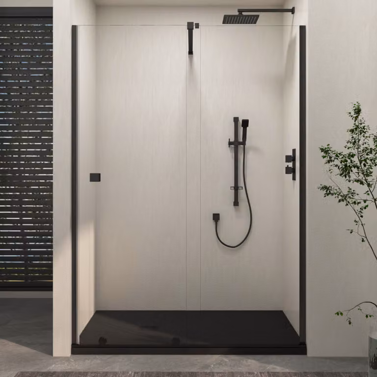 Royal Bathrooms Luton Recessed Sliding Shower Screen with Black Slate Effect Mineral Cast Stone Shower Tray, Matt Black, W: 100 cm, D: 80 cm, H: 195 cm
