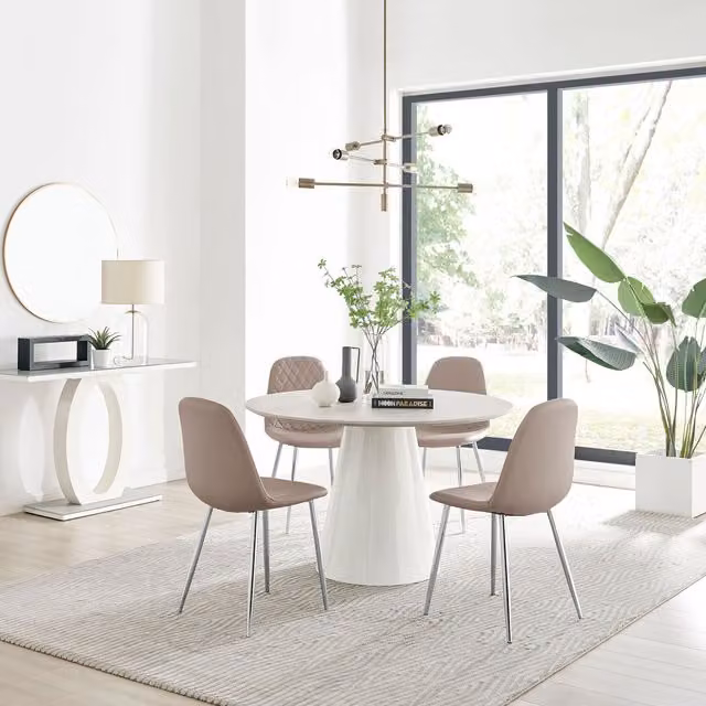 FurnitureboxUK Palma Beige Stone Effect Round Dining Table and 4 Corona Silver Chairs Set
