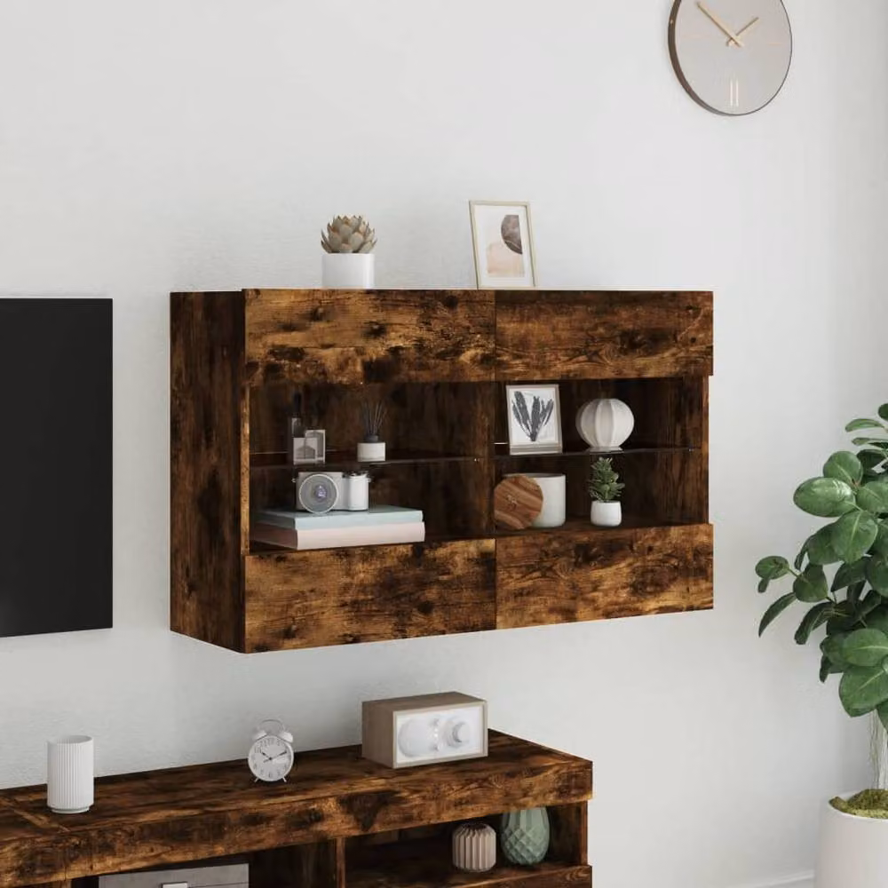 Berkfield Home Modern Wall Mounted TV Cabinet with LED Lights and Glass Doors in Smoked Oak Brown, W/D/H: 98.5 x 30 x 60.5 cm – 5
