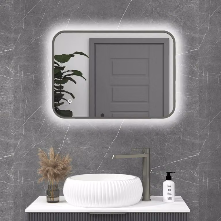 Royal Bathrooms Luton Rectangular Backlit LED Framed Illuminated Bathroom Mirror in Gun Metal Grey with Touch Sensor and Anti-Fog, W: 50 cm, H: 70 cm