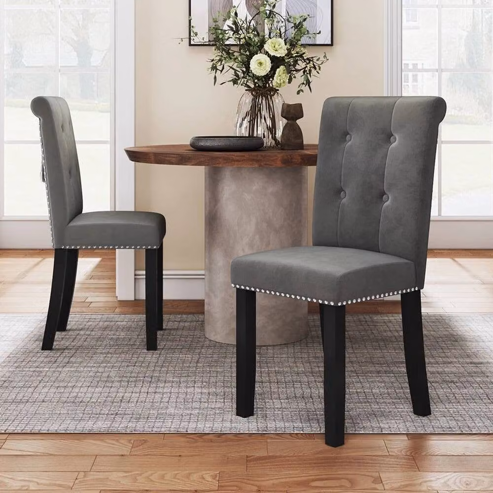 KORVIXA Grey Velvet Upholstered Dining Chair with Wooden Legs – 4