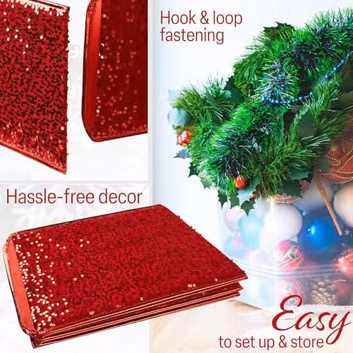 Deco Express Red Sequin Christmas Tree Skirt, Hexagon Tabletop Decor, W: 68 cm, D: 25 cm – 4