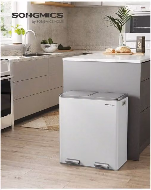 SONGMICS Dual Recycling Bin with Soft Closure and Pedal, White, Width: 58.5 cm