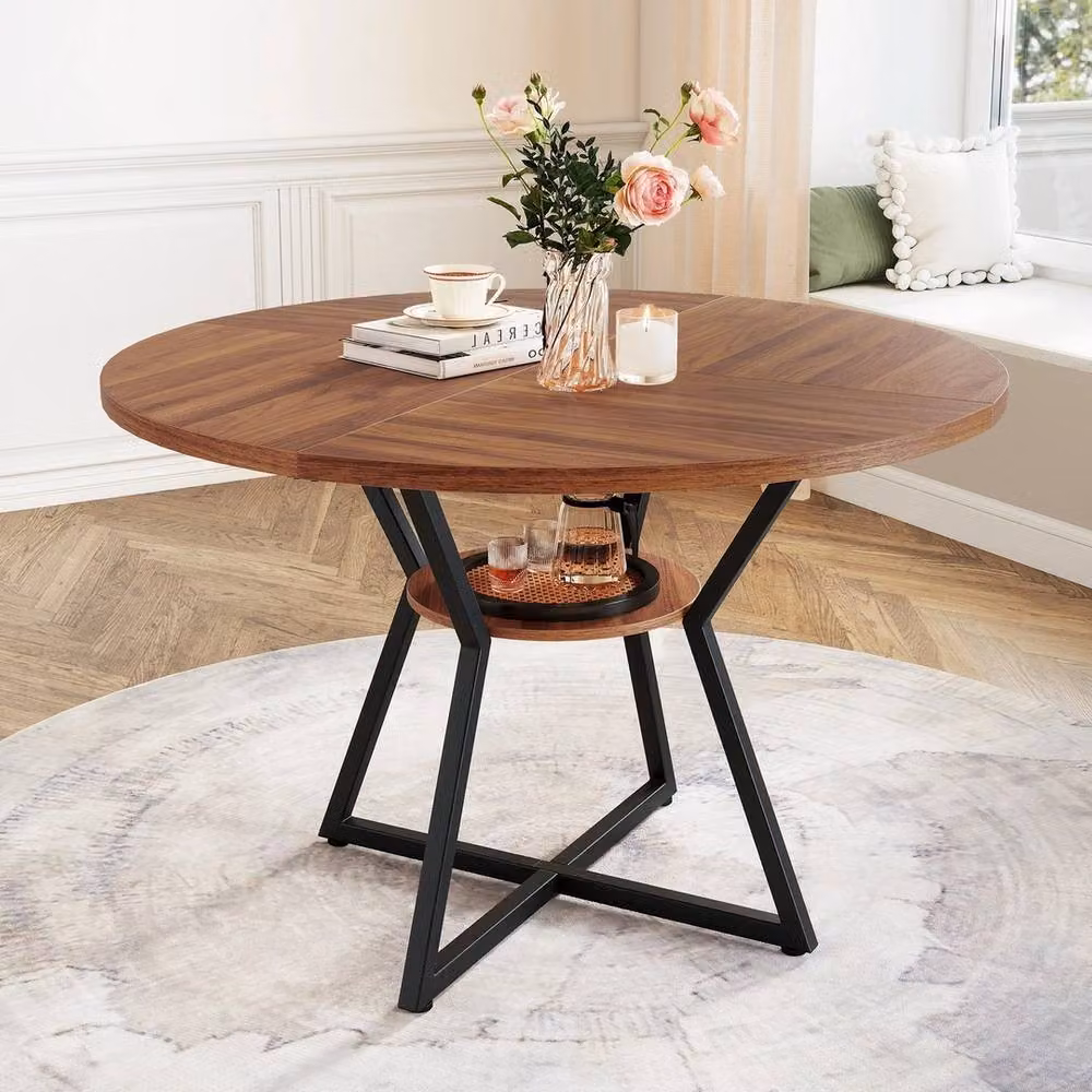 FORGEVIO Mid-Century Modern Round Dining Table in Brown and Black, Diameter: 118 cm, Height: 77 cm – 3