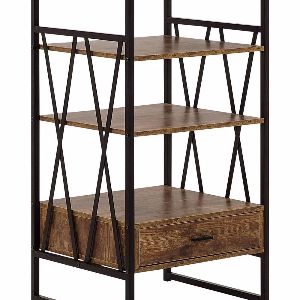 Wyld and Coco Industrial Console Table and TV Stand in Dark Brown with Metal X-Frame, 3 Shelves and 1 Drawer – 2