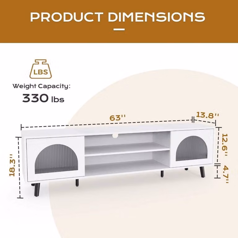 EONLION White Modern TV Stand with 2 Door Storage Cabinet and Glass Details, W/D/H: 160 x 47 x 35 cm