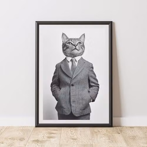 60 Second Makeover Cat Wearing A Suit Paper Poster, Black White and Grey, A4