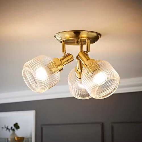 ValueLights Calpe 3 Way Adjustable Ceiling Spotlight with Antique Brass and Transparent Glass Cylinder Shades – 2