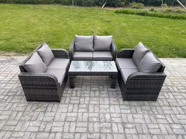 Fimous 6 Seater Rattan Garden Furniture Set with Upholstered Sofa and Coffee Table in Dark Grey