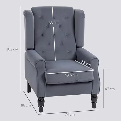 HOMCOM Grey Velvet Wingback Accent Chair with High Back and Armrests, H 86 cm x W 74 cm x D 102 cm – 2