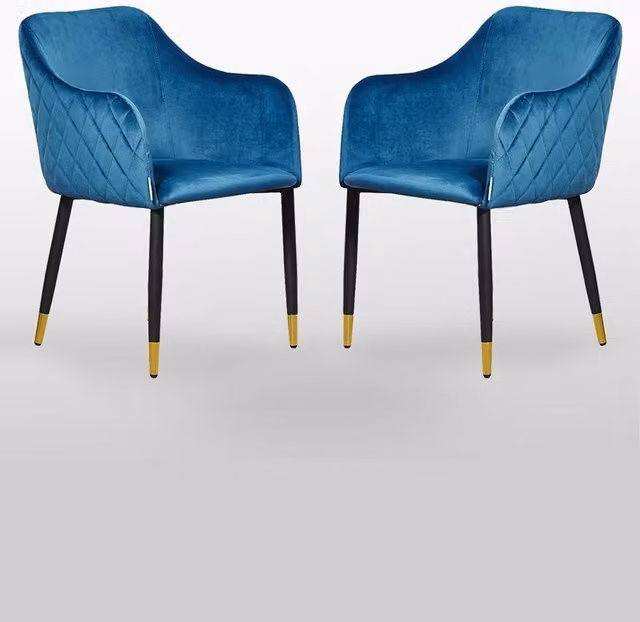 Life Interiors Set of 2 Verona Blue Velvet Dining Chairs with Quilted Back and Black Legs with Gold Foot Caps