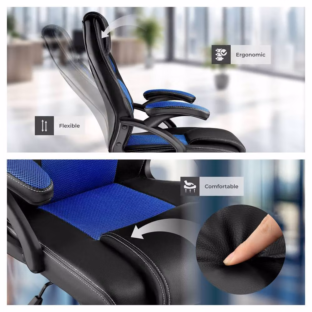 tectake Mike Gaming Chair in Blue with Synthetic Leather and Fabric Finish – 7