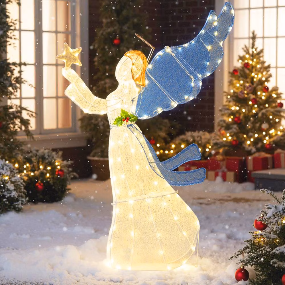 Costway 5FT 3D Glittered Christmas Angel Decoration with Wings and LED Lights in White and Multicolour, Height: 152.4 cm – 4