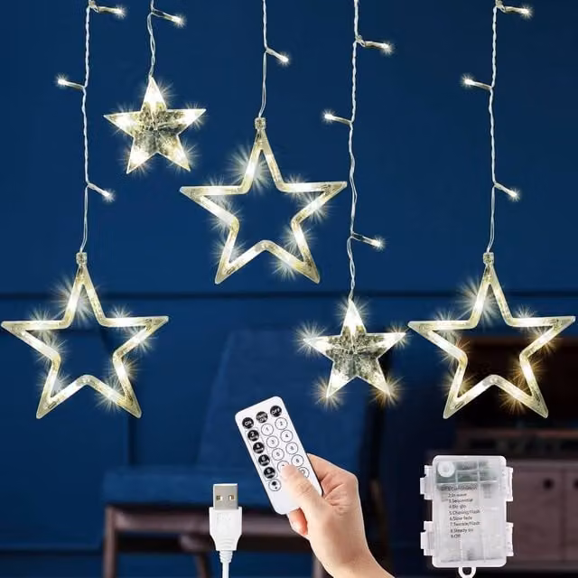 GloBrite Christmas Curtain Lights with 12 Stars and 138 Warm White LED Lights for Indoor Decoration – 1
