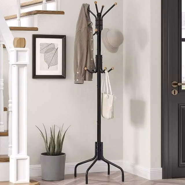 The Bazaarist Metal Coat Rack with 12 Hooks and 4 Leg Stand, Black – 1