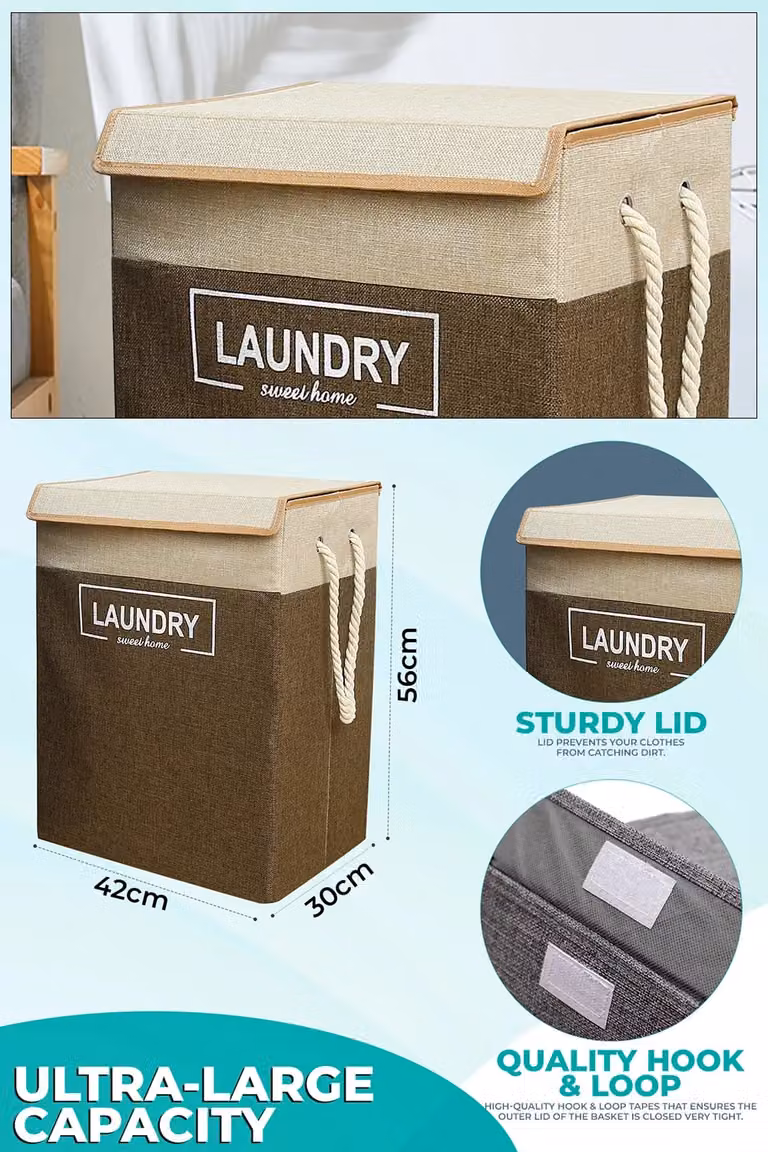 Neel Blue Collapsible 70L Laundry Basket with Flip Lid and Handles in Brown