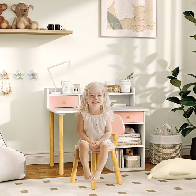 AIYAPLAY Kids Desk, Chair and Shelf Set in Pink