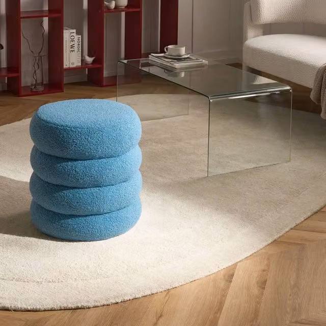 Wyld and Coco Blue Bouclé Round Cylindrical Pouffe Footstool – 1