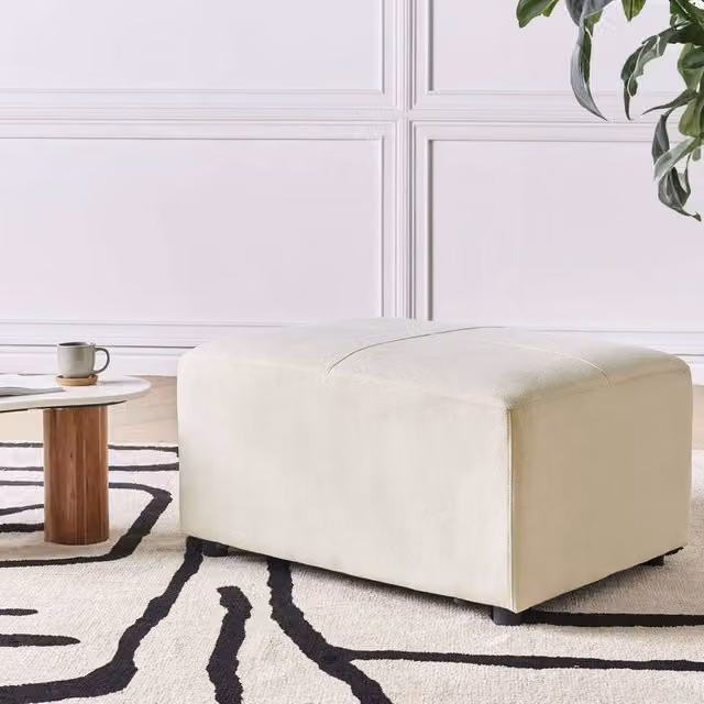 Wyld and Coco Rectangular Minimalist Ottoman in Light Beige with Metal Frame, W/D/H: 70 x 48 x 48 cm