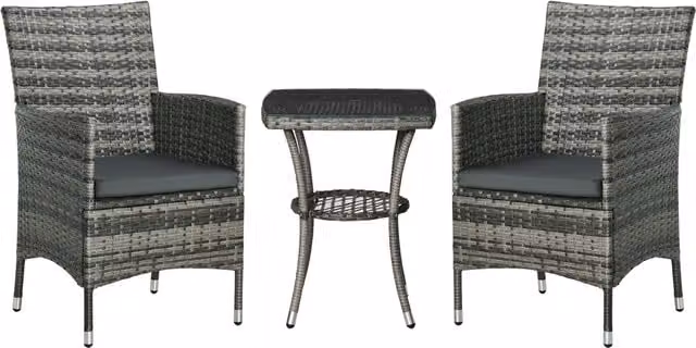 Outsunny 3 Piece Rattan Garden Bistro Set with Cushions in Light Grey – 1