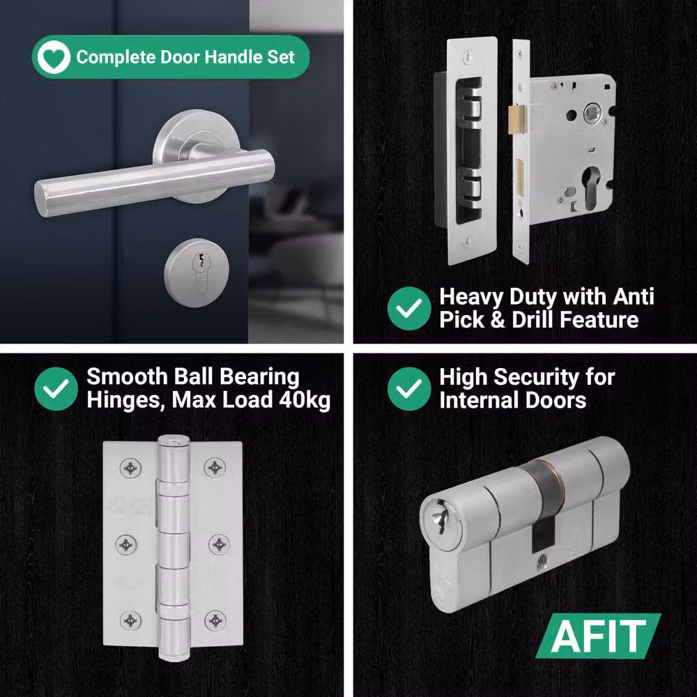 AFIT Satin Nickel Door Handle, Euro Lock Cylinder, Hinges and Lock Set in Silver – 6