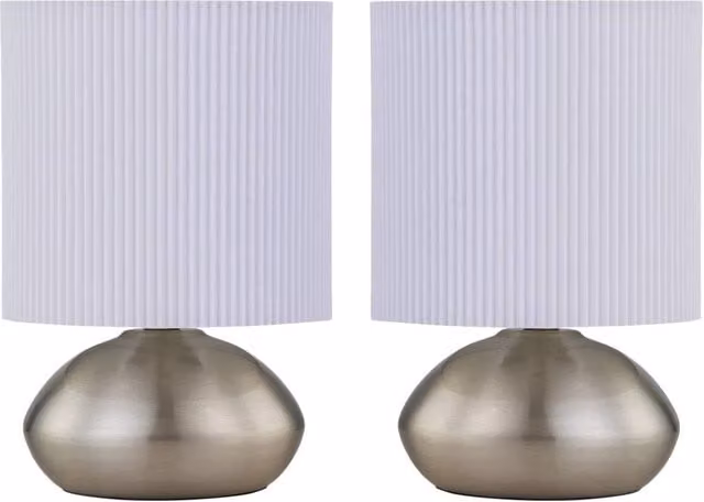 First Choice Lighting Jenson Set of 2 Brushed Chrome Touch Table Lamps with White Pleated Fabric Shades – 1