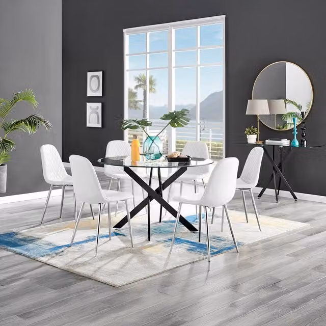 FurnitureboxUK Novara Round Glass Dining Table with 6 Corona Silver Faux Leather Chairs in White and Black