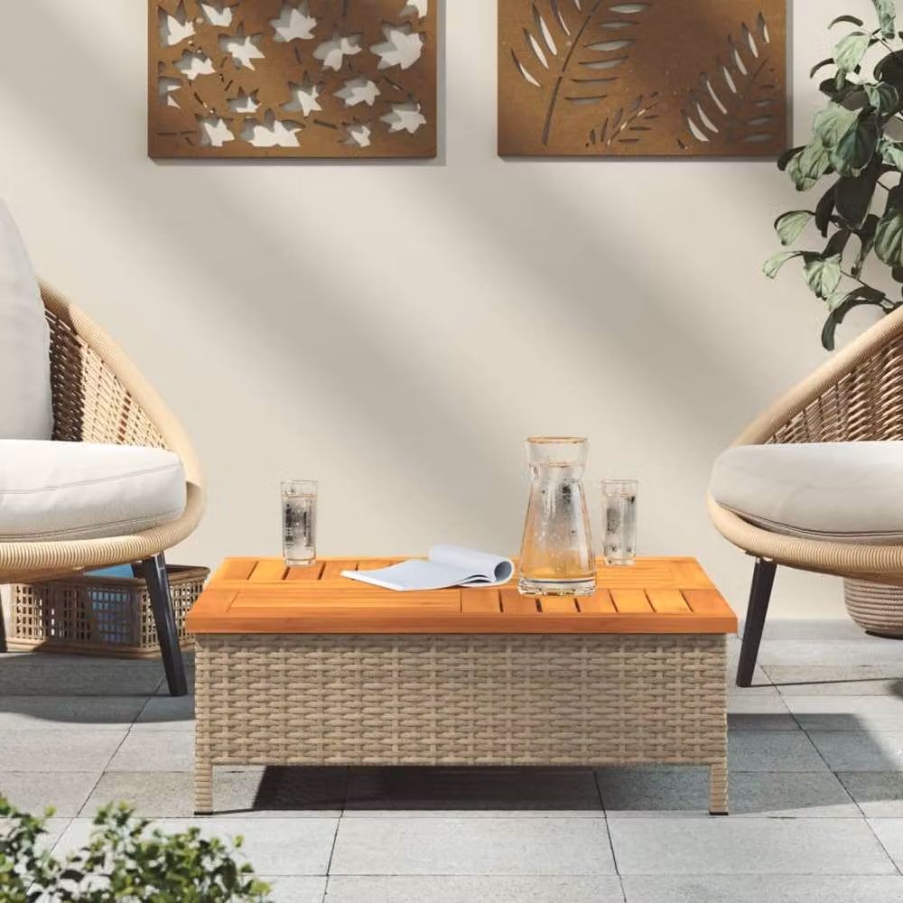Berkfield Home Beige Rattan and Acacia Wood Garden Table W/D/H: 70 x 70 x 25 cm – 3