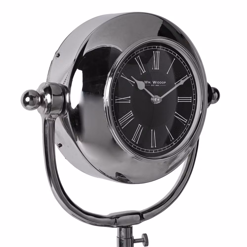 WILLIAM WIDDOP Vintage Round Analog Tripod Tabletop Clock in Silver and Black Metal – 3
