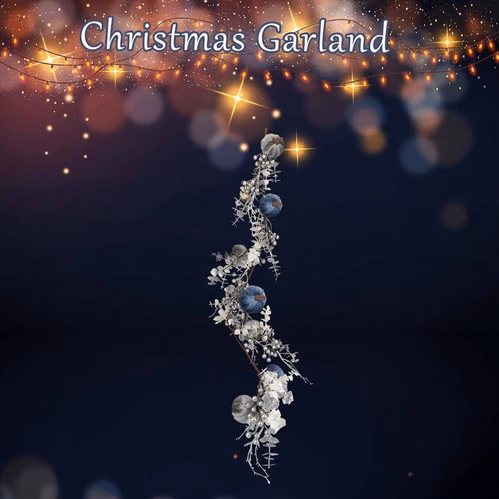 VFM e-Store Christmas Velvet Pumpkin Leaves and Berries Garland in Blue, W/H: 28 x 120 cm – 2