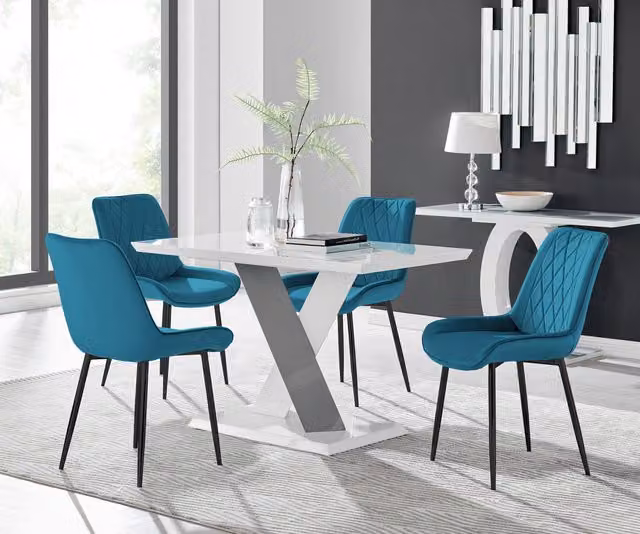 Furniturebox Monza White High Gloss Rectangular Dining Table with 4 Blue Pesaro Black Leg Chairs