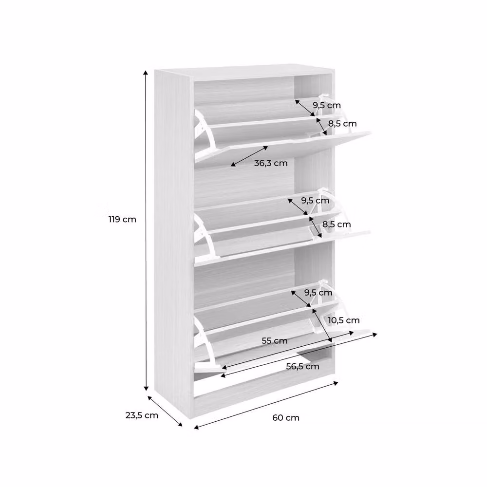 sweeek Modern White Wood Shoe Cabinet with 3 Drawers and Hinged Doors, W/D/H: 60.0 x 23.5 x 119.5 cm – 2