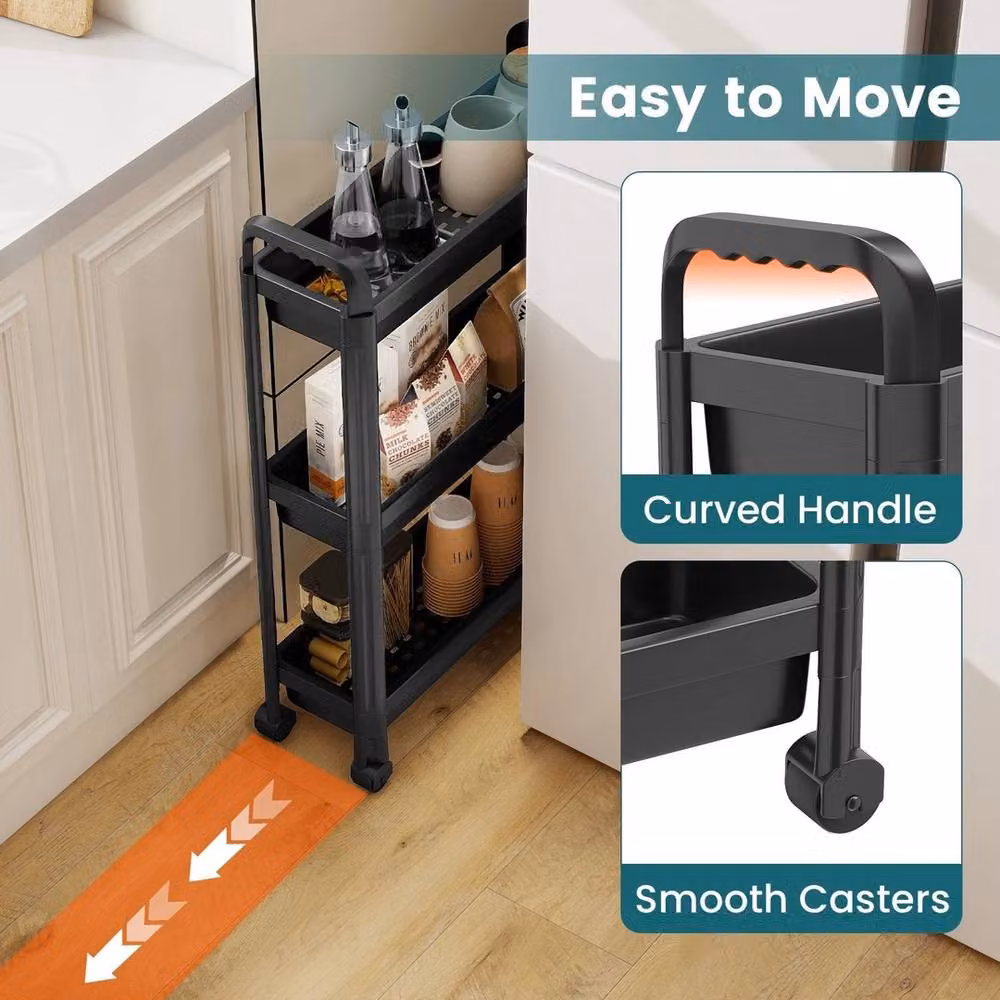 VOGREX 3 Tier Slim Rolling Bathroom Storage Cart in Black – 3