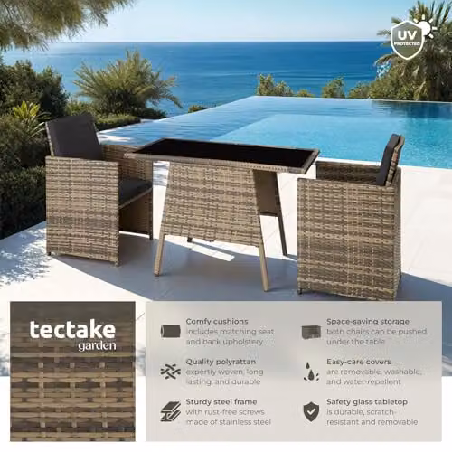 tectake Rattan Bistro Set with 2 Chairs and 1 Glass Top Table in Natural Brown – 2
