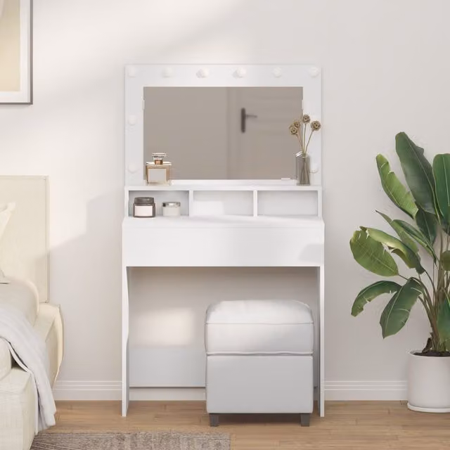 Berkfield Home White Modern Dressing Table with Hollywood LED Lights, W/D/H: 79 x 41 x 135 cm