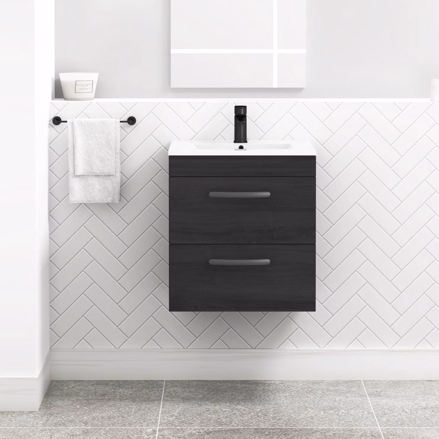 Royal Bathrooms Turin 500mm Wall Hung Vanity Unit in Hale Black with 2 Drawers and Matt Black Handles