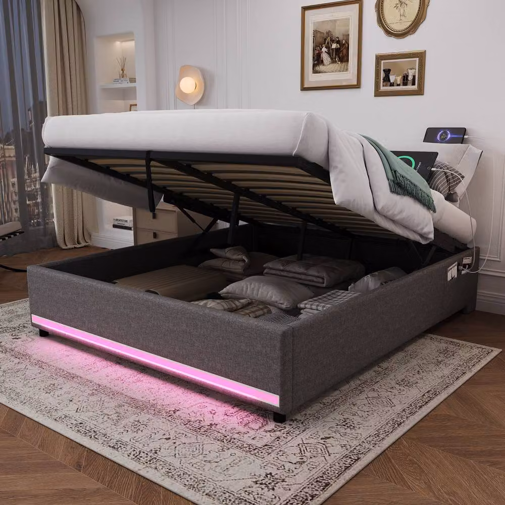 BTM Grey Upholstered Hydraulic Storage Bed with APP Control LED Lighting and USB Charging Station, W/D/H: 180 x 200 x 32 cm – 3