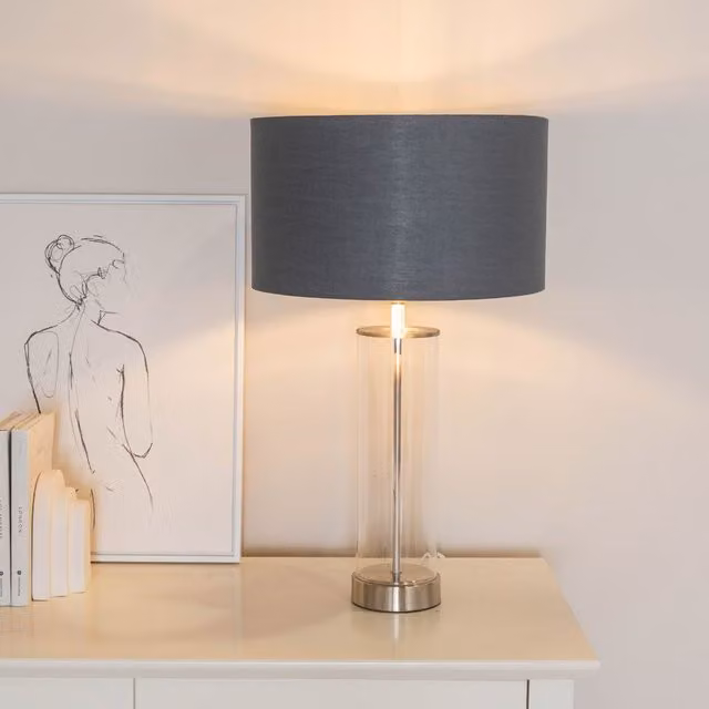 ValueLights Balan Glass and Chrome Table Lamp with Anthracite Inner Shade and Warm White LED Bulb
