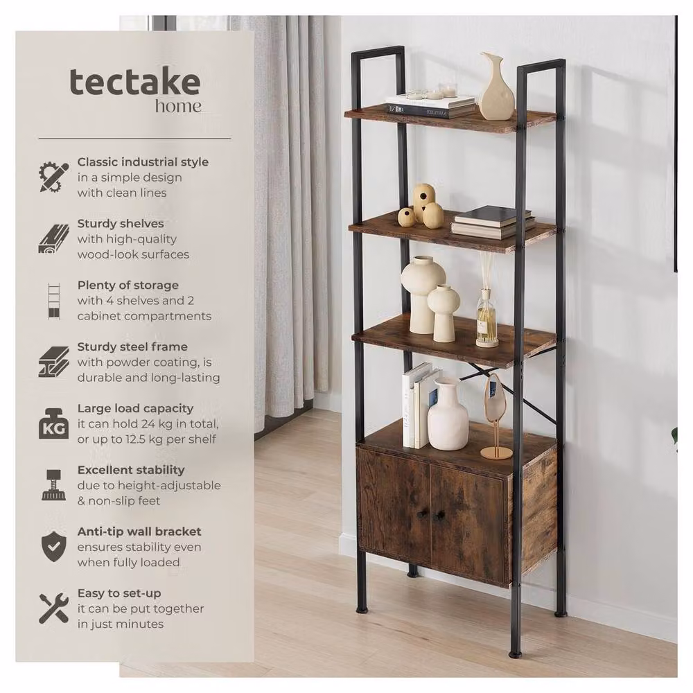 tectake Brentwood Industrial Style Ladder Shelf with 4 Levels and 2 Cupboards in Brown and Black – 2