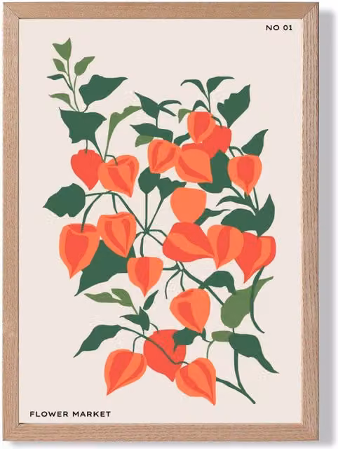 ARTZE Minimalist Orange and Green Climbing Plant Botanical Floral Framed Print with Oak Frame, A3