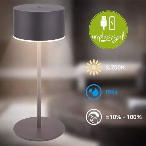 Briloner Rechargeable LED Table Lamp, Dimmable Touch Control, IP44 Waterproof, Anthracite/Black, W/D/H: 8 x 8 x 18 cm – 2