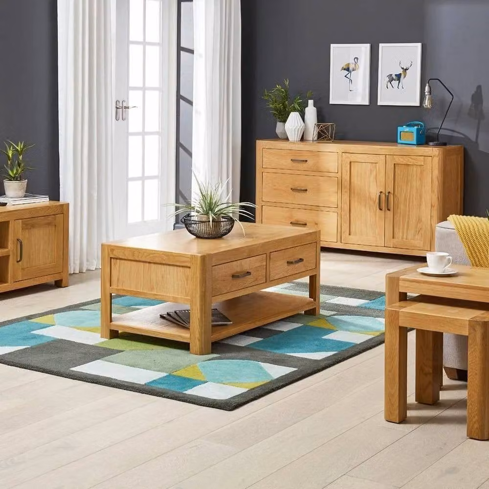 FORGEVIO Modern Rectangular Coffee Table with 2 Drawers in Natural Oak Finish – 3