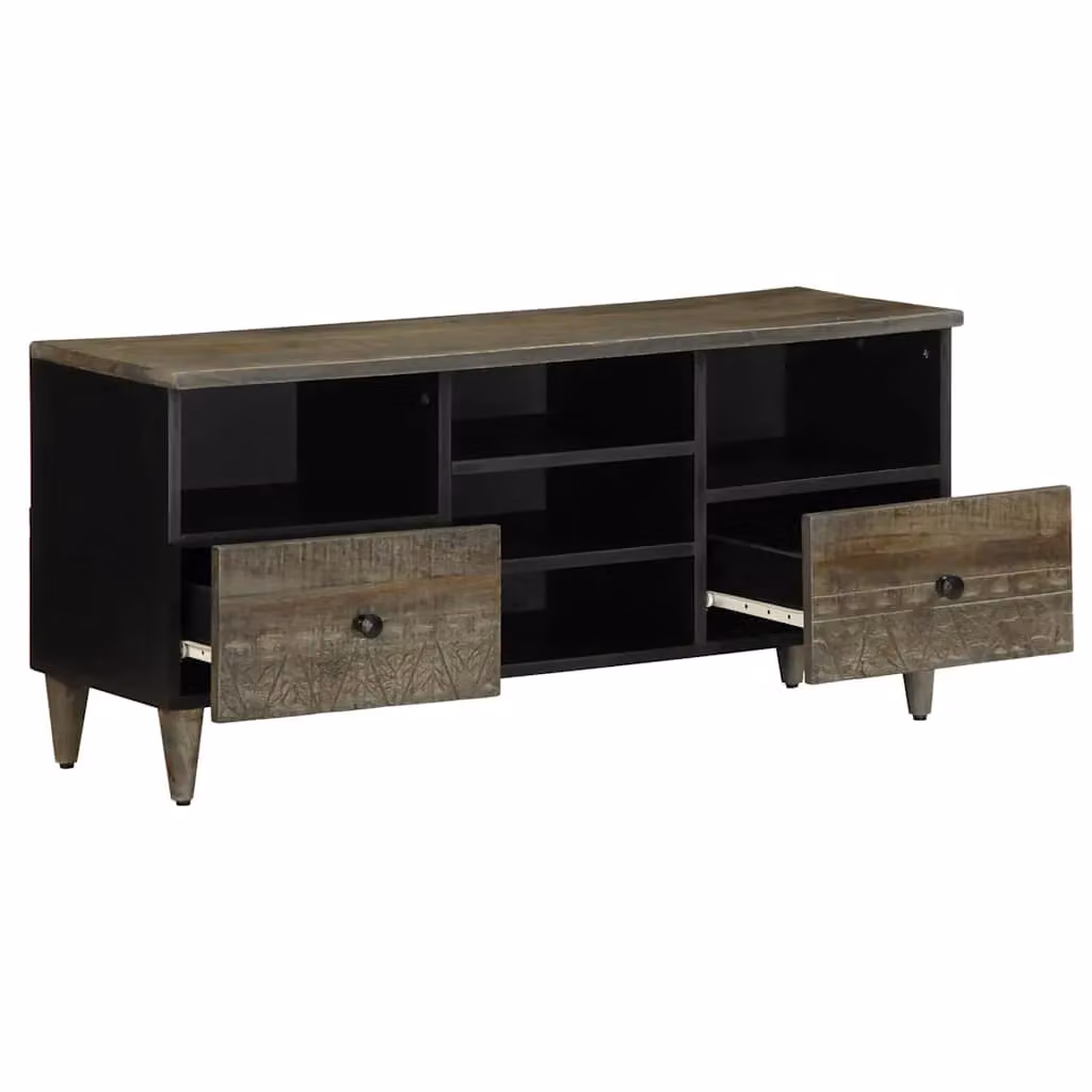 Berkfield Home Mid Century Black Solid Mango Wood TV Cabinet W: 100 cm, D: 33 cm, H: 46 cm – 2