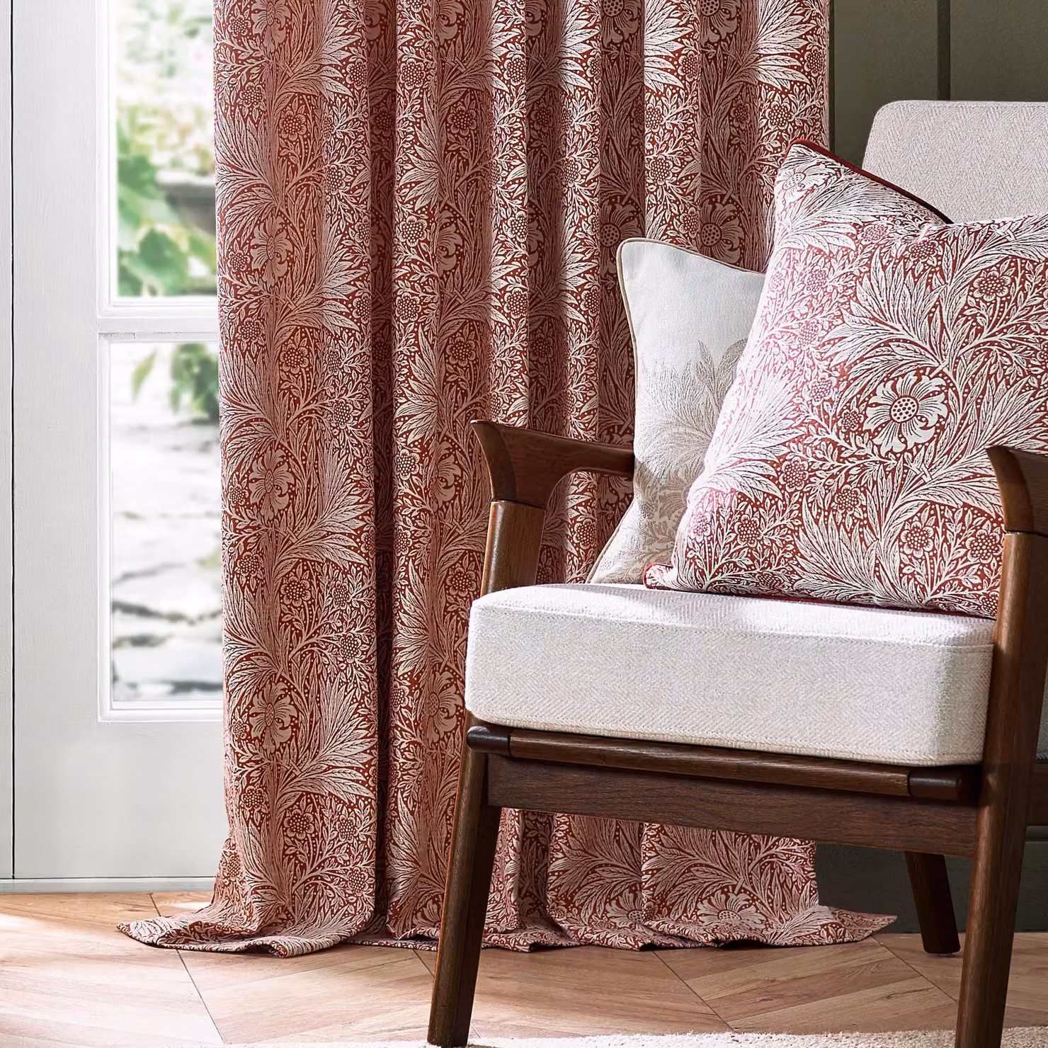 Morris & Co. Marigold Jacquard Floral Pencil Pleat Curtains, Russet, Width: 168 cm, Drop: 229 cm – 4