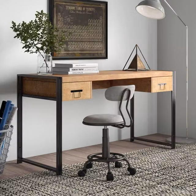 IH Design Industrial Brown Wood Computer Desk with Sled Base