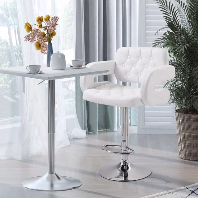 HOMCOM Adjustable Height White PU Leather and Steel Bistro Barstool with 360 Degree Swivel