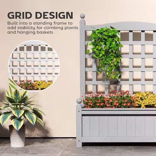 Outsunny Wooden Raised Garden Bed with Trellis, Grey, W: 64 cm, D: 28 cm, H: 75 cm – 3