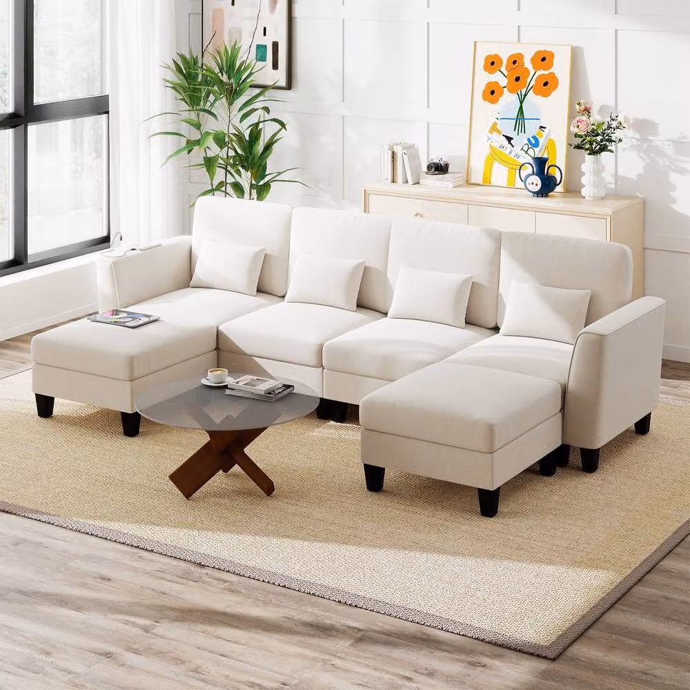 Costway Reversible U-Shape Sectional Sofa Set in White with 2 Ottomans, USB Charging and Removable Covers – 2
